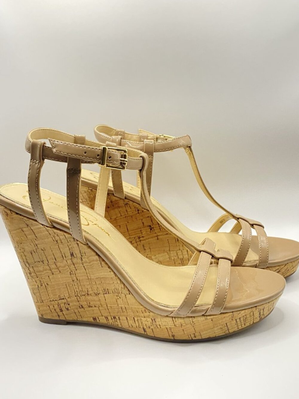Jessica Simpson Open Toe Tan Cork Wedges Adjustable Ankle Straps Size 8M